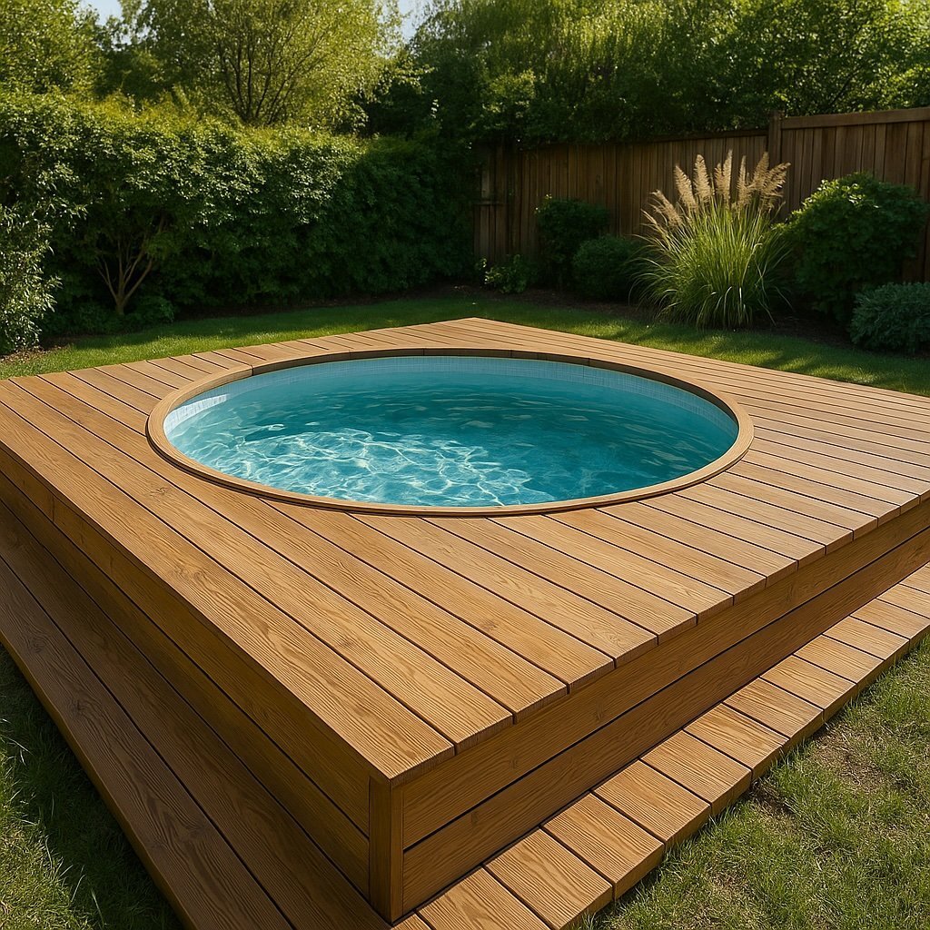 Piscina desmontable elevada oculta con tarima de madera